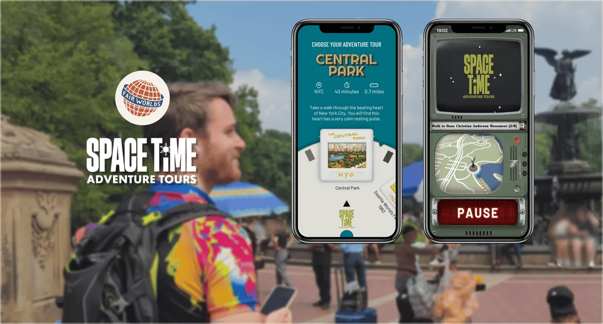 Promotional image for SpaceTime Adventure Tours showing a man in Central Park and two phone screens with the tour app interface.