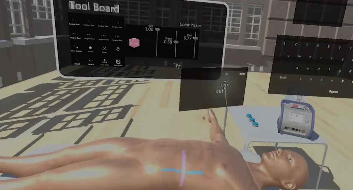 a manikin in a VR surgical room